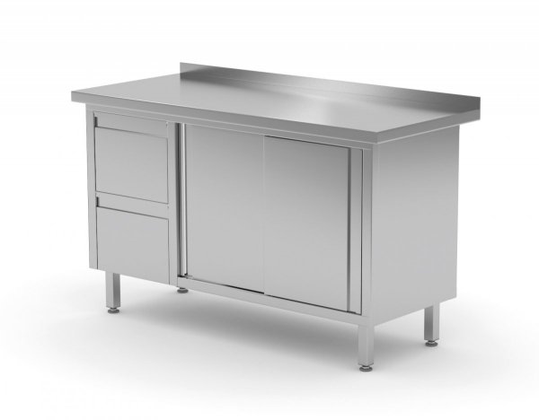 Stół przyścienny szafka z dwiema szufladami i drzwiami suwanymi - szuflady po lewej stronie 1300 x 600 x 850 mm POLGAST 130136-L 130136-L