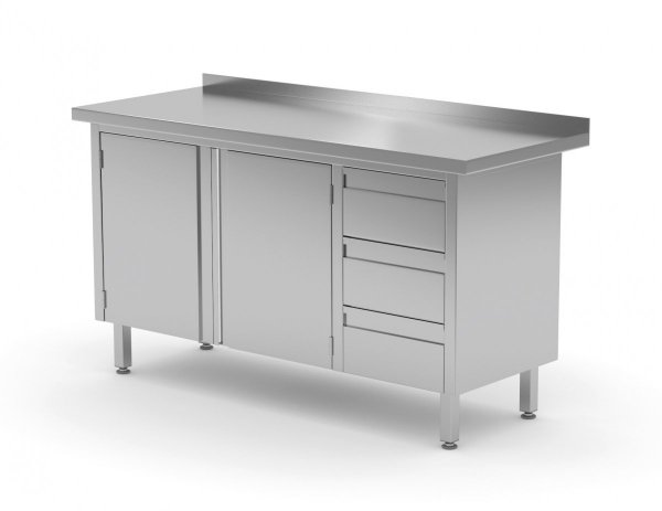 Stół przyścienny szafka z trzema szufladami i drzwiami na zawiasach - szuflady po prawej stronie 1100 x 600 x 850 mm POLGAST 137116-P 137116-P