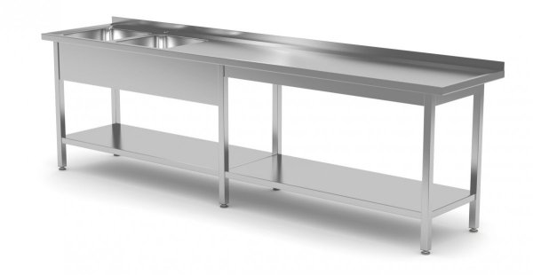 Stół z dwoma zlewami i półką wzmocniony - komory po lewej stronie 2400 x 600 x 850 mm POLGAST 222246-6-L 222246-6-L