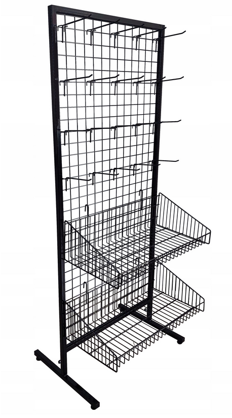 Stojak ekspozytor z 20 haczykami, 2 koszami - CZARNY 