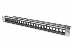 Digitus Panel krosowy (patch panel) modularny 19 24 porty pod moduły keystone, 1U, ekranowany, prowadnica kabli, wymienne 