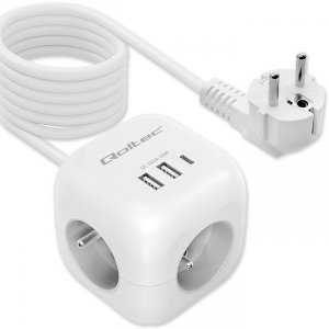 Qoltec Kostka zasilająca przedłużacz 6w1 z podświetlanym włącznikiem |  3x AC | 2x USB | 1x USB-C PD 20W | biała | kabel 2m