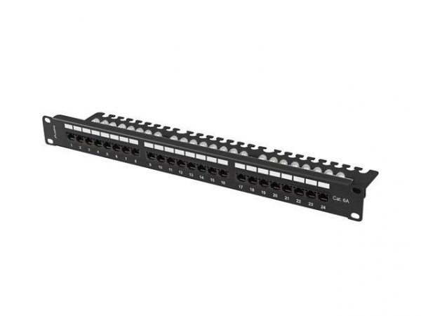 Patch panel 24 port 1U 19&quot; kat.6a UTP z organizerem kablowym czarny