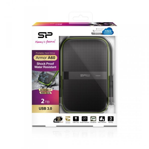 Dysk zewnętrzny HDD Silicon Power Armor A60 (2TB; 2.5&quot;; USB 3.2; 5400 obr/min; Green-Black; SP020TBPHDA60S3K)