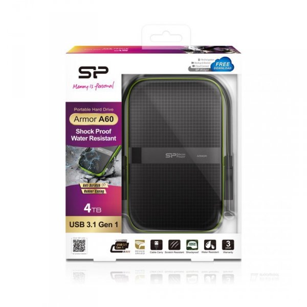 Dysk zewnętrzny HDD Silicon Power Armor A60 (4TB; 2.5&quot;; USB 3.2; 5400 obr/min; Green-Black; SP040TBPHDA60S3K)