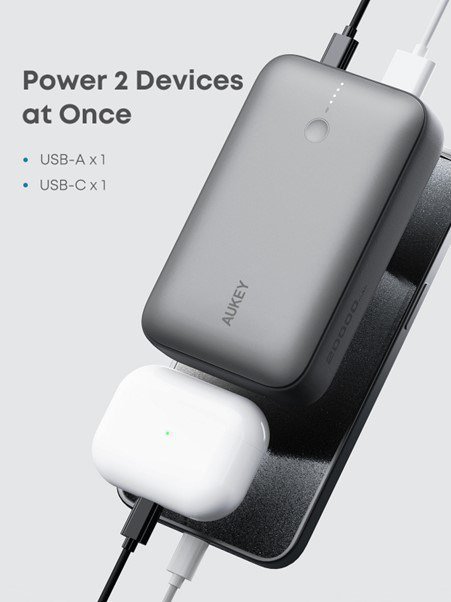 AUKEY POWERBANK 20 000 MAH, USB-C 22,5W, USB-A,MINI, SZARY