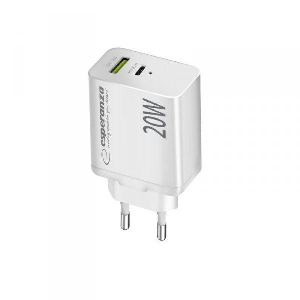 ESPERANZA ŁADOWARKA SIECIOWA 20W USB-C PD 20W / USB-A QC 3.0 18W BIAŁA EZC105W