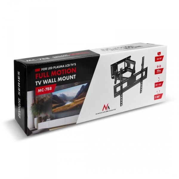 MACLEAN UCHWYT DO TV, MAX VESA 600X400, 32-85&quot;, 60KG, REG.KĄTA W PIONIE I POZIOMIE, PROFIL 65-390MM, CZARNY MC-789