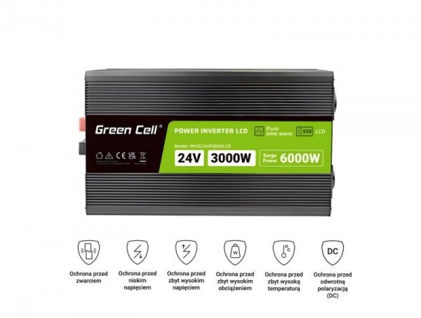 GREEN CELL PRZETWORNICA LCD 24V/230V 3000W/6000W CZYSTY SINUS INVGC24P3000LCD