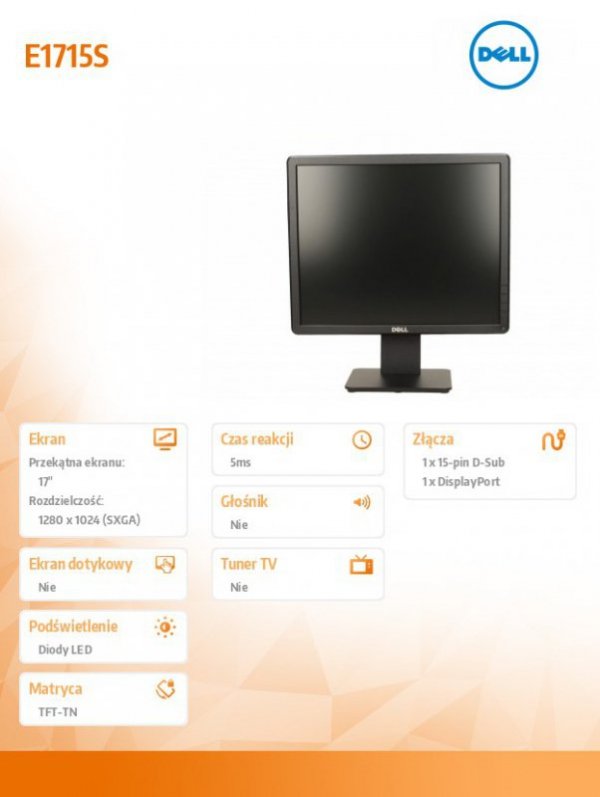Dell Monitor E1715S 17 cali LCD TN (1280x1024)/5:4/VGA/DP/3Y PPG