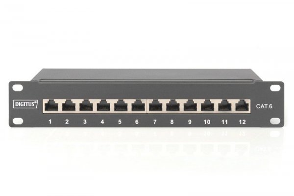 Digitus Patch panel 10&quot; 12 portów, kat.6, S/FTP, 1U, wspornik kablowy, czarny (kompletny)