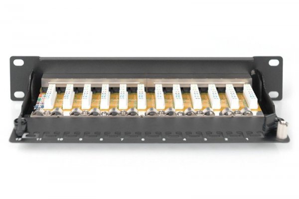 Digitus Patch panel 10&quot; 12 portów, kat.6, S/FTP, 1U, wspornik kablowy, czarny (kompletny)