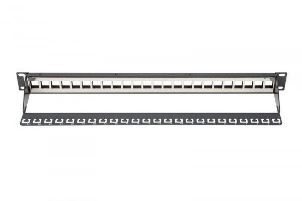 Digitus Panel krosowy (patch panel) modularny 19&quot; 24 porty pod moduły keystone, 1U, ekranowany, prowadnica kabli, pola opis