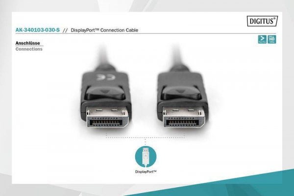 Digitus Kabel połączeniowy DisplayPort z zatrzaskami 1080p 60Hz FHD Typ DP/DP M/M czarny 3m