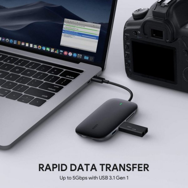 AUKEY CB-C71 aluminiowy HUB USB-C | 8w1 | RJ45 Ethernet 10/100/1000Mbps | 3xUSB 3.1 | HDMI 4k@30Hz | SD i microSD | USB-C Power 