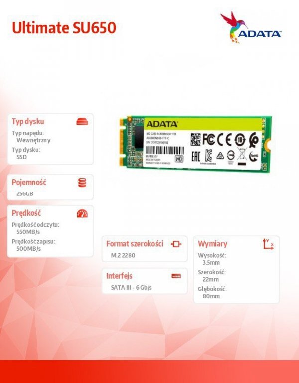 Adata Dysk SSD Ultimate SU650 256GB M.2 TLC 3D 2280 SATA