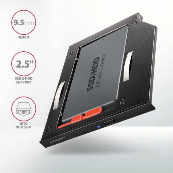 AXAGON RSS-CD09 Ramka na 2,5&quot; SSD-HDD do gniazda DVD, 9.5mm LED aluminium