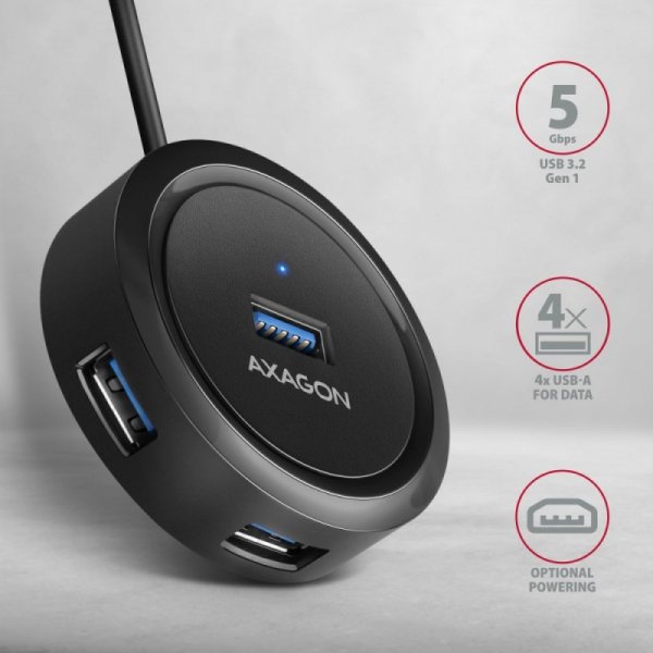 AXAGON HUE-P1A Hub 4-portowy USB 3.2 Gen 1 round, 30cm USB-A kabel, microUSB dodatkowe zasilanie