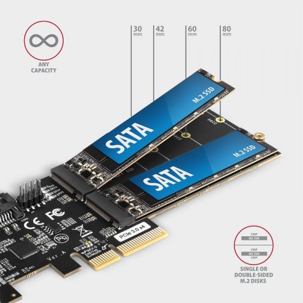 AXAGON PCES-SA4M2 Kontroler PCIe 2x wewnętrzny port SATA 6G + 2x wewnętrzny port M.2 B-key SATA, SP & LP