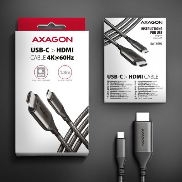 AXAGON RVC-HI2MC Adapter aktywny USB-C -&gt; HDMI 2.0 4K/60Hz Aluminum, 1.8m kabel