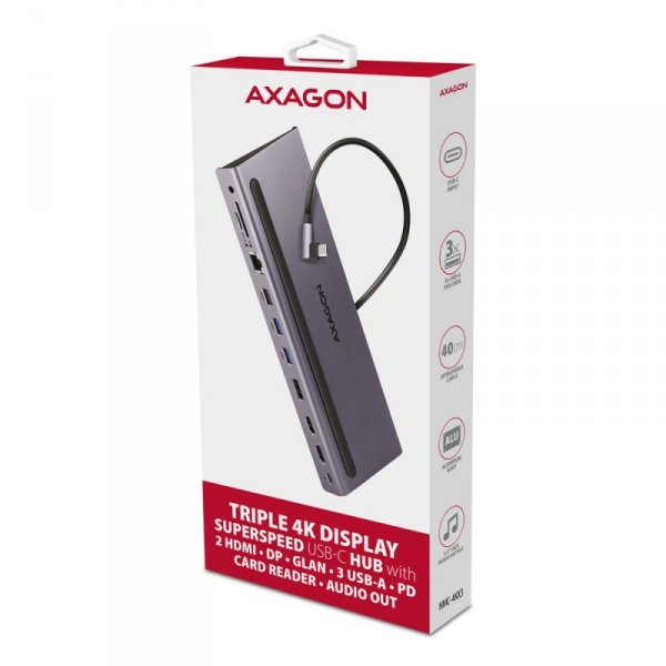 AXAGON HMC-4KX3 Wieloportowy hub USB 11in1, 5Gbps, 3x USB-A, 2x HDMI 4K/60Hz+ DP 4K/60Hz+ GLAN + SD/microSD + audio, PD 100W, 40