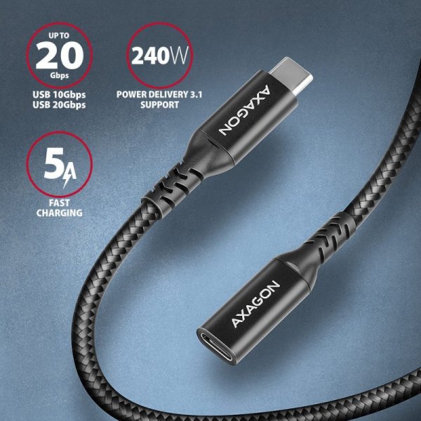 AXAGON BUCM32-CF05AB Kabel przedłużacz Gen2 USB-C - USB-C 0.5m, 5A, 20Gbps, PD 240W, oplot, czarny