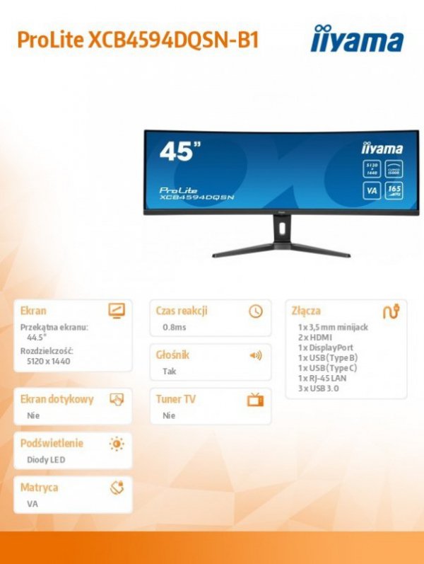 IIYAMA Monitor 44.5 cala XCB4594DQSN-B1 VA,DQHD,165HZ,USB-C-DOCK,RJ45,32:9,1500R,450cd/m2,3000:1,0.8ms,3xUSB,2xHDMI,1xDP,2x3W,Po