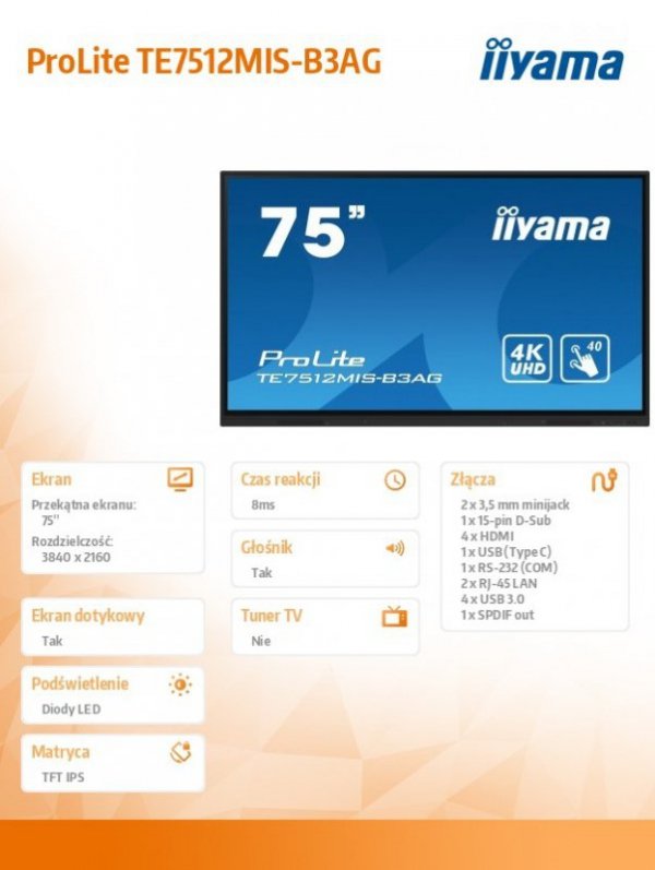 IIYAMA Monitor 75 cali ProLite TE7512MIS-B3AG,INFRARED,40pkt,IPS,4K, 24/7, 7H, WiFi,VGA, HDMI, USB-c, Bluetooth,metal,8ms, vesa,
