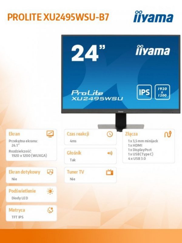 IIYAMA Monitor 24 cale XU2495WSU-B7 IPS,16:10,300cd,4ms,HDMI,DP,3xUSB(3.2),  1xUSB-c,2x2W,FlickerFree