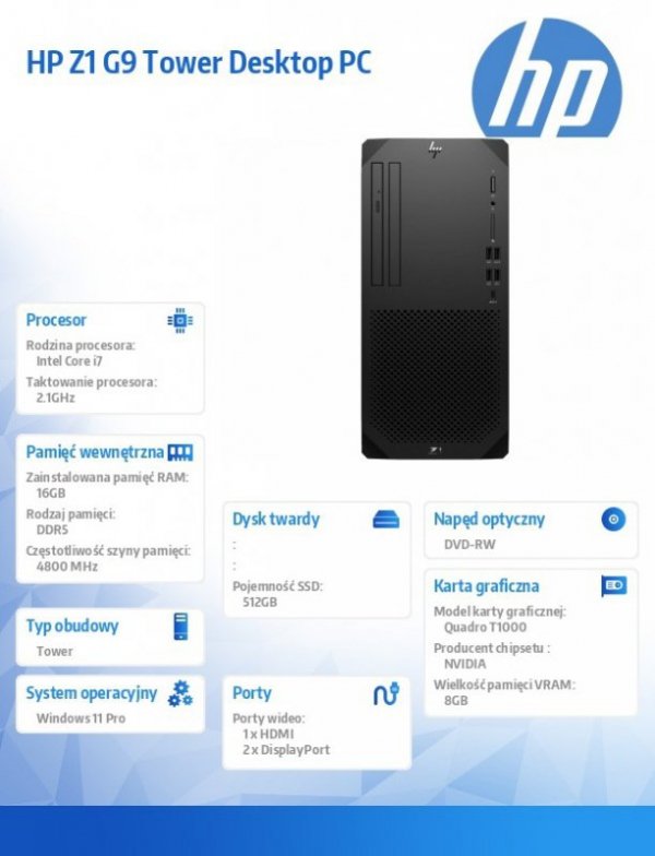 HP Inc. Komputer Z1 TWR G9 i7-14700 512GB/16GB/W11P 8T1P5EA