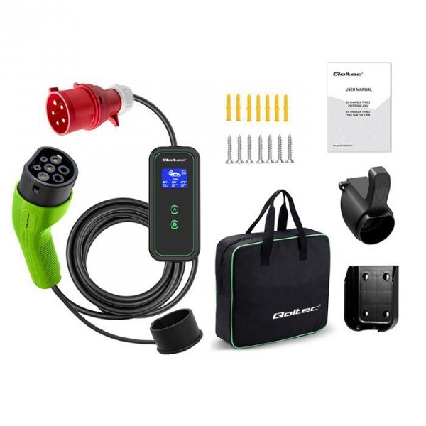 Qoltec Mobilna ładowarka do samochodu elektrycznego EV z regulacją 2w1  Typ2 | 11kW | CEE 5 PIN | LCD | 3 fazy | Przenona | Wall