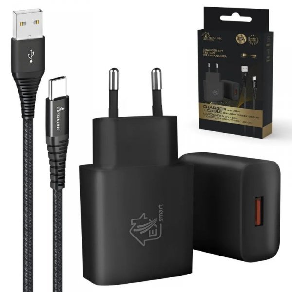Extralink Zestaw Smart Life USB Type-A do Type-C, 200cm,Czarny + Ładowarka12W czarna