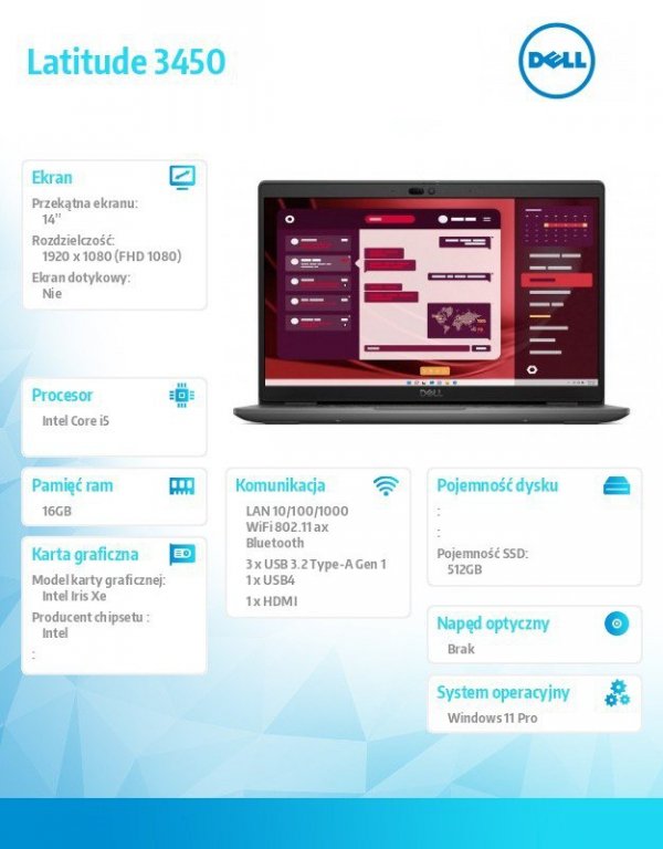 Dell Laptop Latitude 3450 Win11Pro i5-1335U/16GB/512GB SSD Gen4/14.0 FHD/Integrated/FgrPr/FHD/IR Cam/Mic/WLAN + BT/Backlit Kb/3 