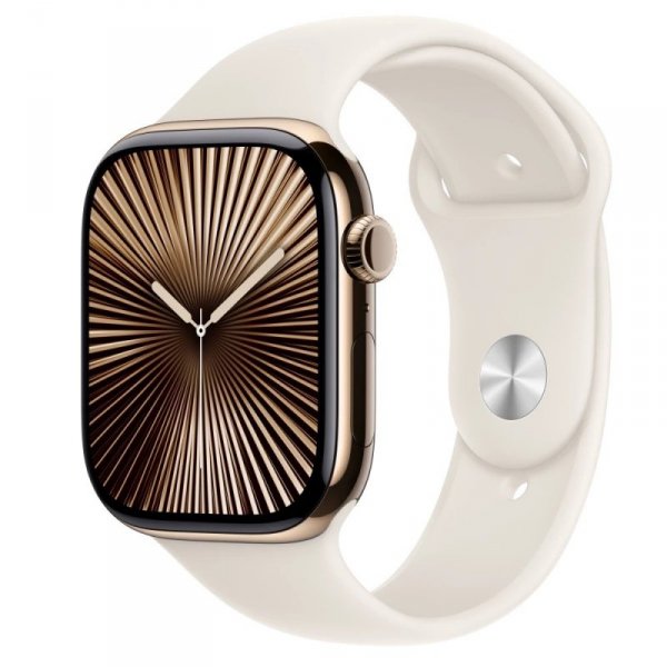 Apple Watch Series 10 GPS + Cellular, koperta 46 mm z tytanu w kolorze złotym z paskiem sportowym w kolorze księżycowej poświaty