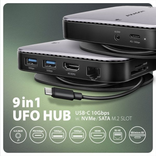 AXAGON HMC-UFO Wieloportowy hub USB 9in1, 10Gbps, 2x USB-A, HDMI 4K/60Hz, M.2 NVMe/SATA, audio, PD 100W, SD/microSD, GLAN, 65cm 