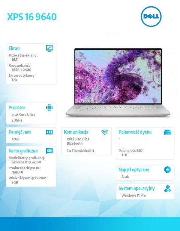 Dell Notebook XPS 16 9640 Win11Pro Ultra 9 185H/32GB/1TB SSD/16.3 OLED UHD+ Touch/GeForce RTX 4060/WLAN + BT/Backlit Kb/6 Cell/3
