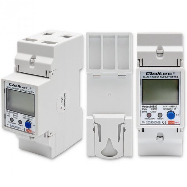 Qoltec Jednofazowy elektroniczny licznik | miernik zużycia energii na szynę DIN | 230V | LCD | Wi-Fi