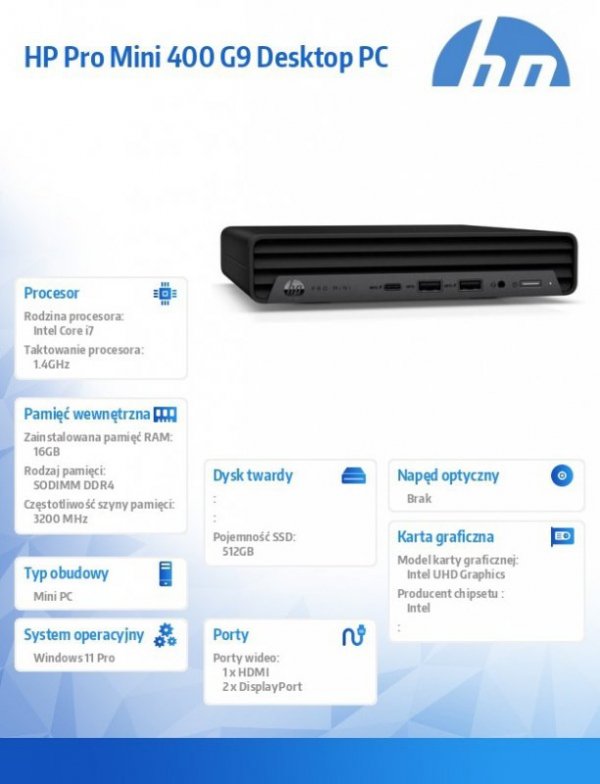 HP Inc. Komputer Mini 400 G9 i7-13700T 16GB/512GB/W11P    936L5EA