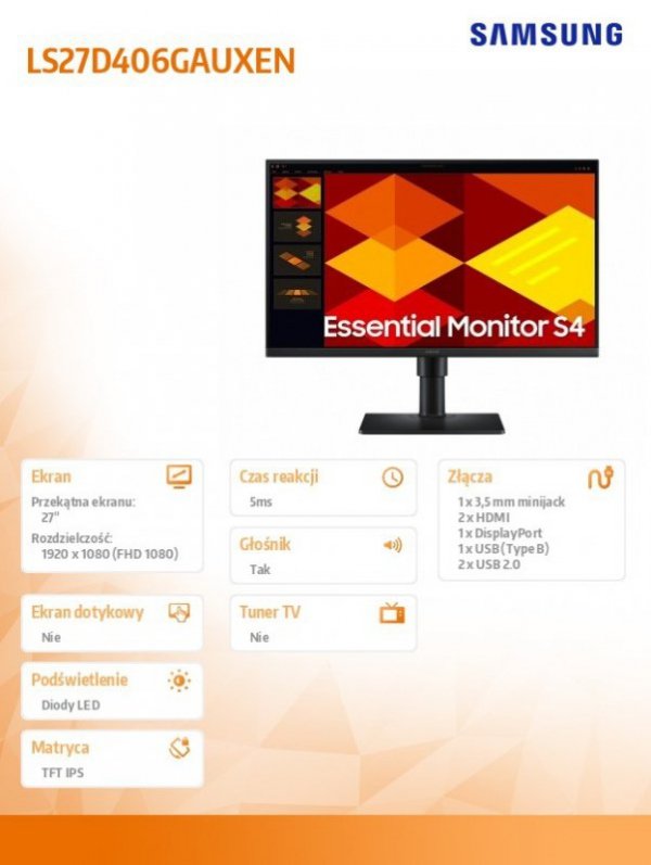 Samsung Monitor 27 cali S40GD IPS 1920x1080 FHD 16:9 2xHDMI 1xDP 2xUSB-A 2.0 1xUSB-B 5ms 100Hz HAS+PIV głośniki płaski 3YOn-Site