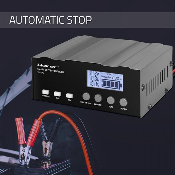 Qoltec Inteligentna mikroprocesorowa ładowarka 12V | 12.6V | 24V |Prostownik z funkcją naprawy do akumulatora AGM GEL LiFePO4 | 