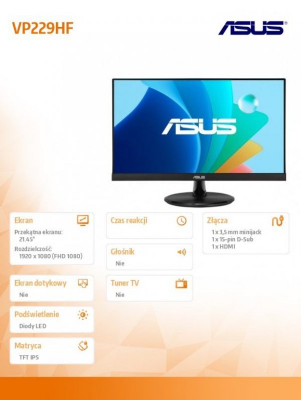 Asus Monitor 21.5 cala VP229HF BK/1MS EU VGA HDMI