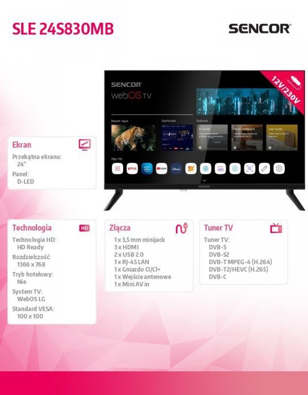 Sencor Telewizor 24 cale Smart webOS LG 12/240V SLE 24S830WB Wi-Fi BT
