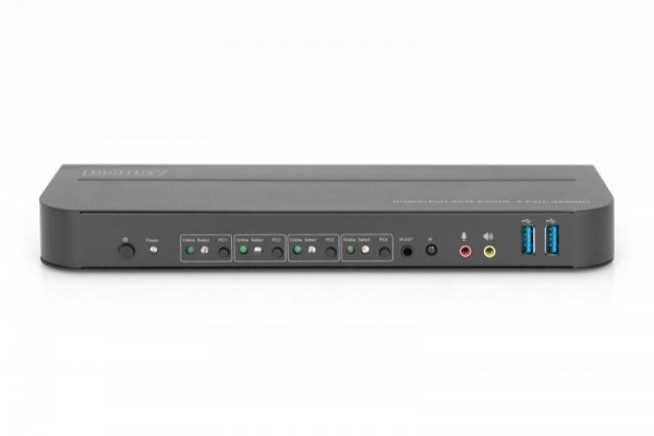 Digitus Przełącznik KVM, 4 portowy, 4K 60Hz, 4x DP IN, 1x DP OUT, 1x HDMI OUT, 2x USB A, 1x Audio IN&OUT