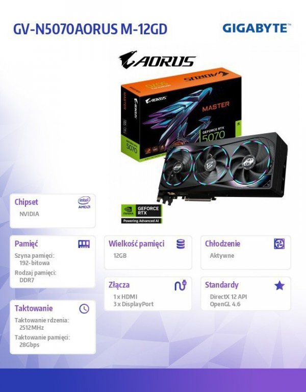 Gigabyte Karta graficzna RTX 5070 AORUS MASTER 12GB GDDR7 192bit HDMI/DP
