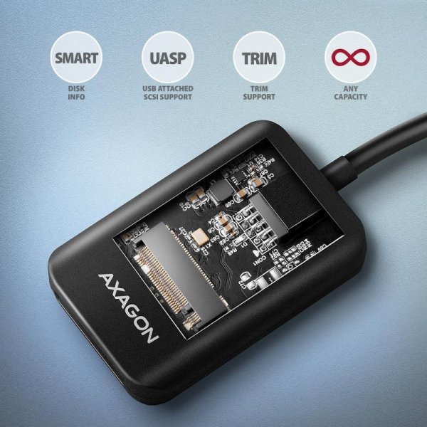 AXAGON ADM2-AM Adapter USB3.2 Gen 2 M.2 NVMe/SATA SSD 10Gbps 10cm USB-A cable