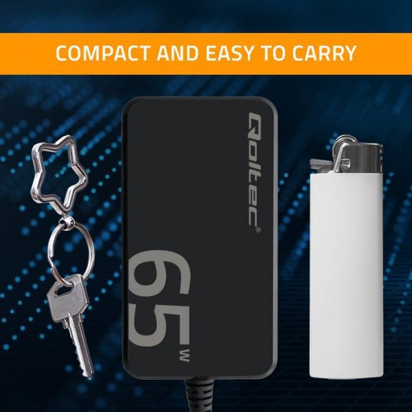 Qoltec Ładowarka sieciowa 65W GaN Super Fast SLIM | PD | 5-20V | 3.25A |USB-C 3.1 | Laptop | MacBook | Smartfon | +kabel