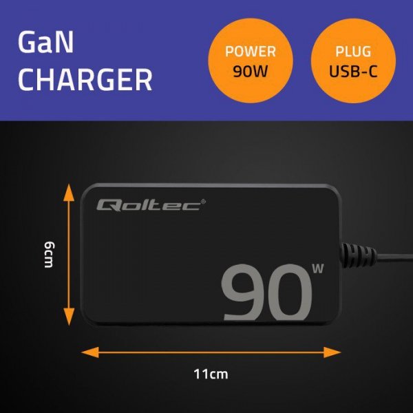Qoltec Ładowarka sieciowa 90W GaN Fast SLIM | PD | 5-20V | 4.5A | USB-C 3.1 | Laptop | MacBook | Smartfon | +kabel