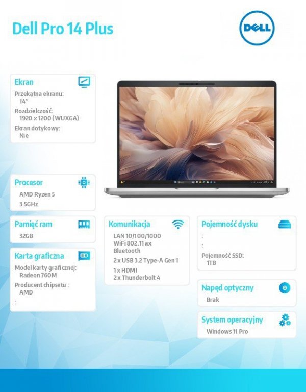 Dell Laptop Dell Pro 14 Plus PB14255/AMD Ryzen 5 PRO 230/32GB/1TB SSD Gen4/14.0 FHD+/Radeon 760M/FgrPr&SmtCd/FHD/IR Cam/Mic/WLAN