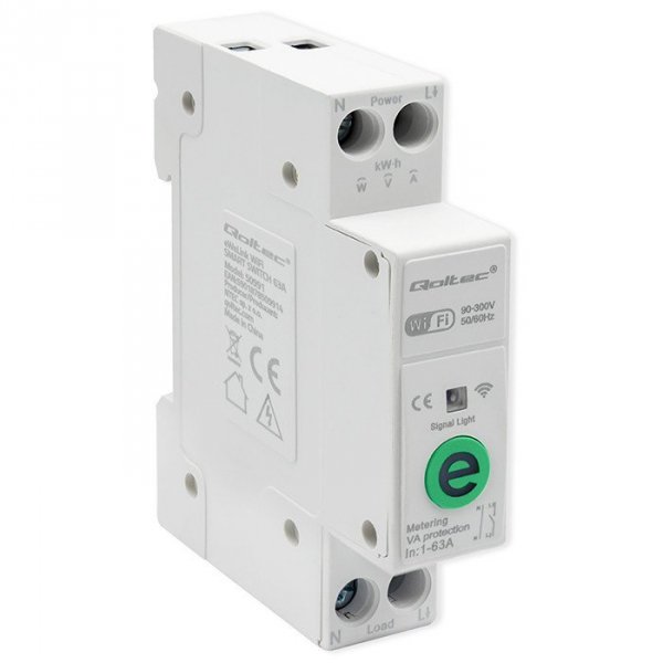Qoltec Przekaźnik 63A na szynę DIN z licznikiem energii elektrycznej |  eWeLink od Sonoff | Wi-Fi | Dioda LED