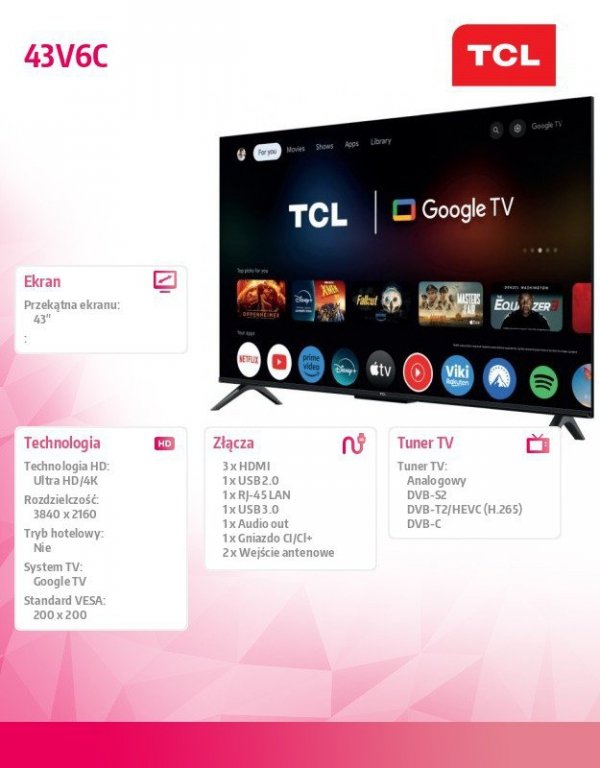 TCL Telewizor LED 43 cale 43V6C